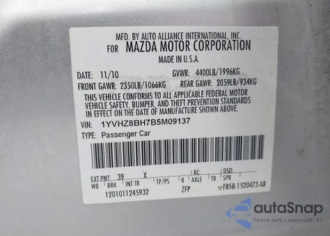 2011 Mazda Mazda6 I Sport z USA, uszkodzony, nr VIN 1YVHZ8BH7B5M09137